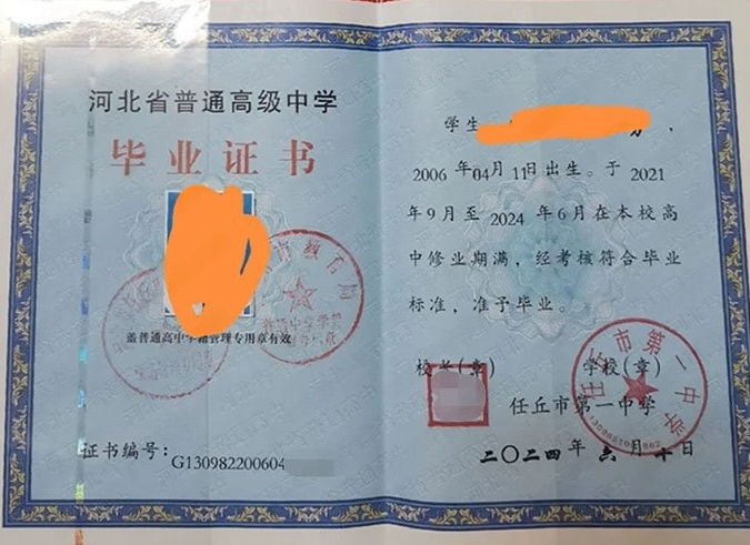 深圳任丘市第一中学高中毕业证样本图片